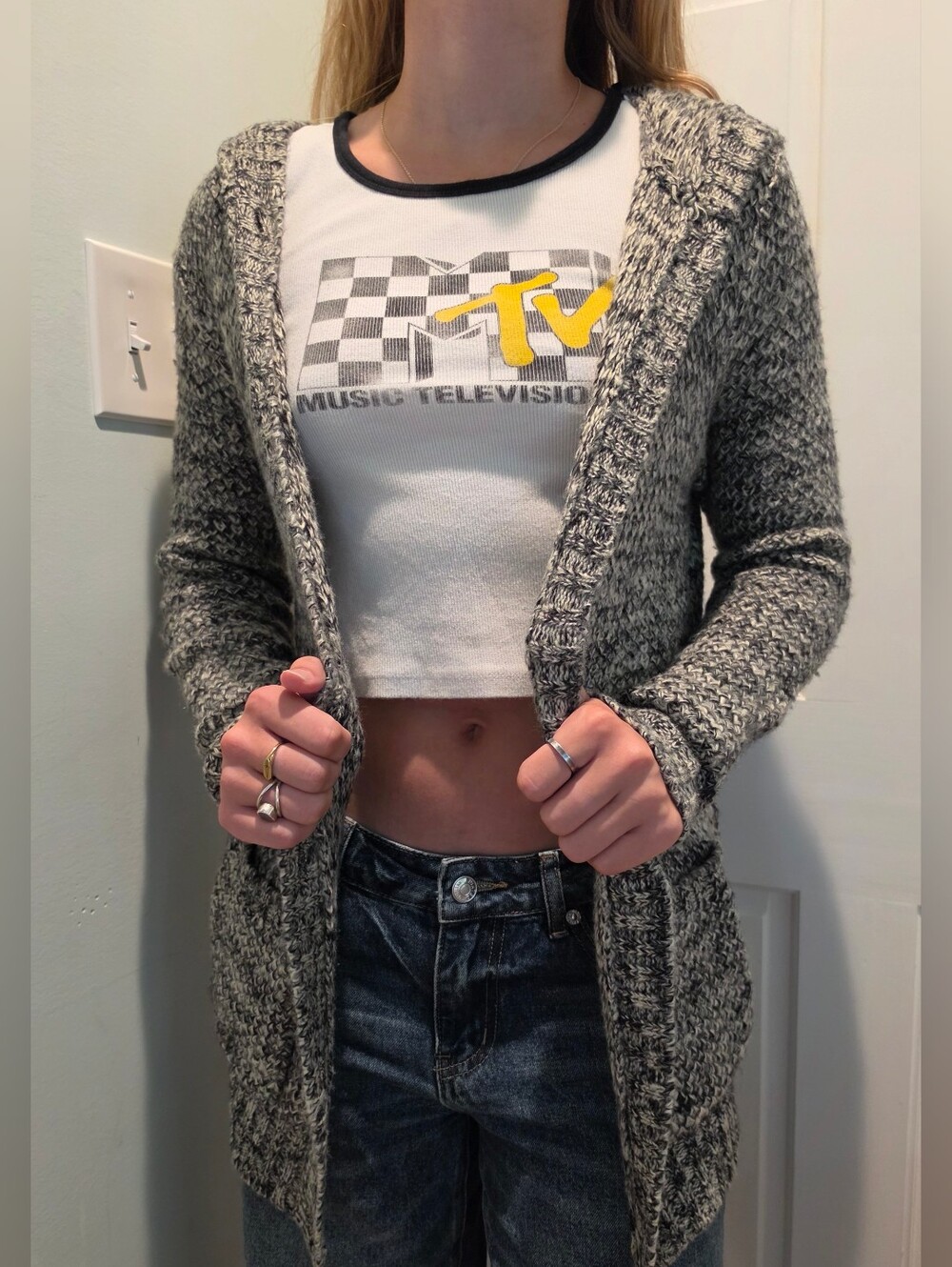 Forever 21 Marled Gray Open-Front Knit Cardigan